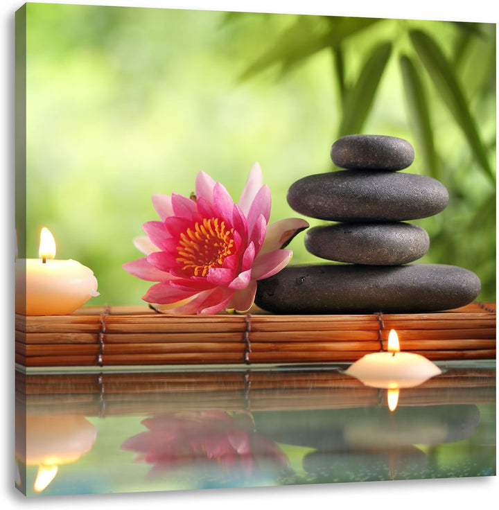 Pixxprint Seerose mit Zen Steinen im Tempel als Leinwandbild/Grösse: 70x70 cm/Wandbild/Kunstdruck/fe