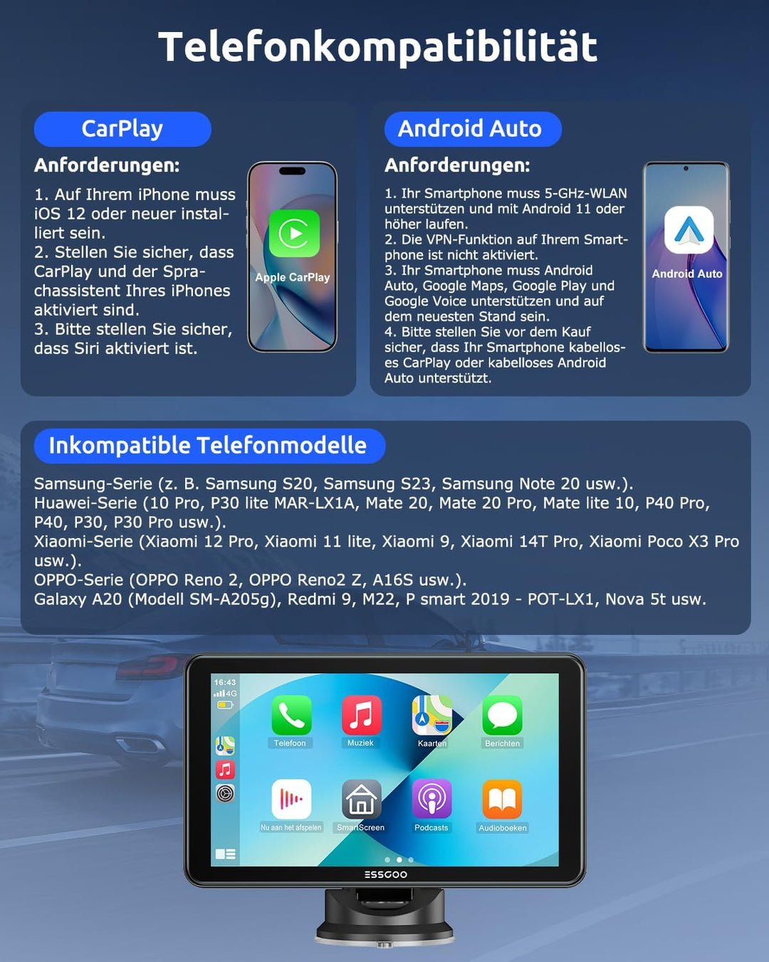 ESSGOO Carplay Android Auto Display mit Rückfahrkamera,7 Zoll Carplay Bildschirm für Apple/Android A