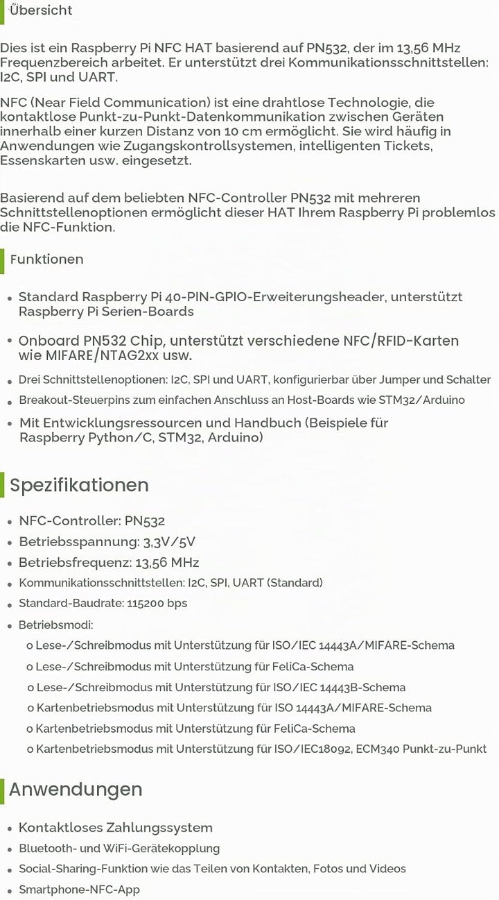 Waveshare PN532 NFC HAT for Raspberry Pi Near Field Communication Support I2C / SPI/UART Interfaces