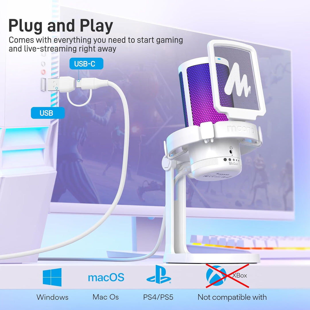 MAONO USB Gaming Mikrofon, Noise Cancellation Kondensator Microphone mit Mute, Gain, Monitoring, Pop