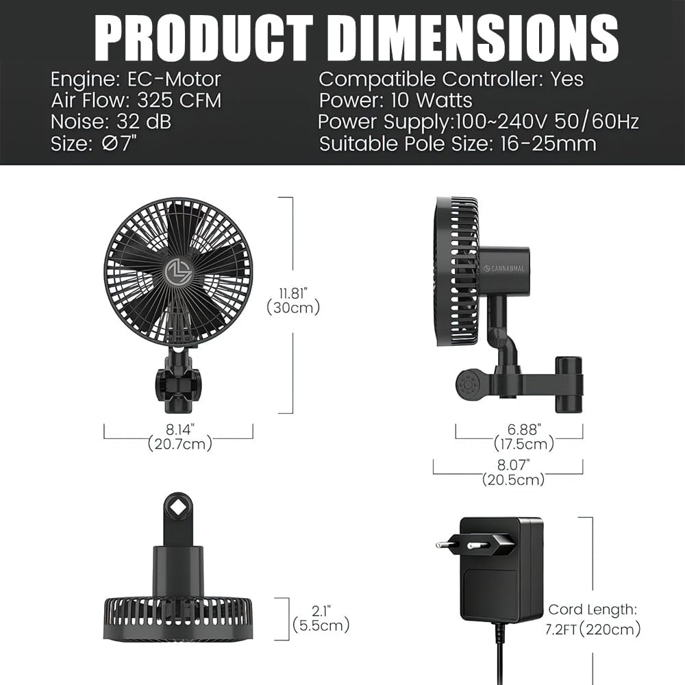 Grow Ventilator mit Clip, EC-Motor, Grow Clip-Ventilator mit 4-Geschwindigkeiten, 10W, 550 m3/h Luft