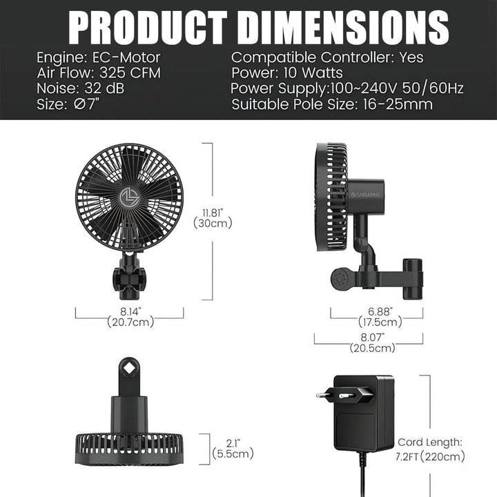 Grow Ventilator mit Clip, EC-Motor, Grow Clip-Ventilator mit 4-Geschwindigkeiten, 10W, 550 m3/h Luft