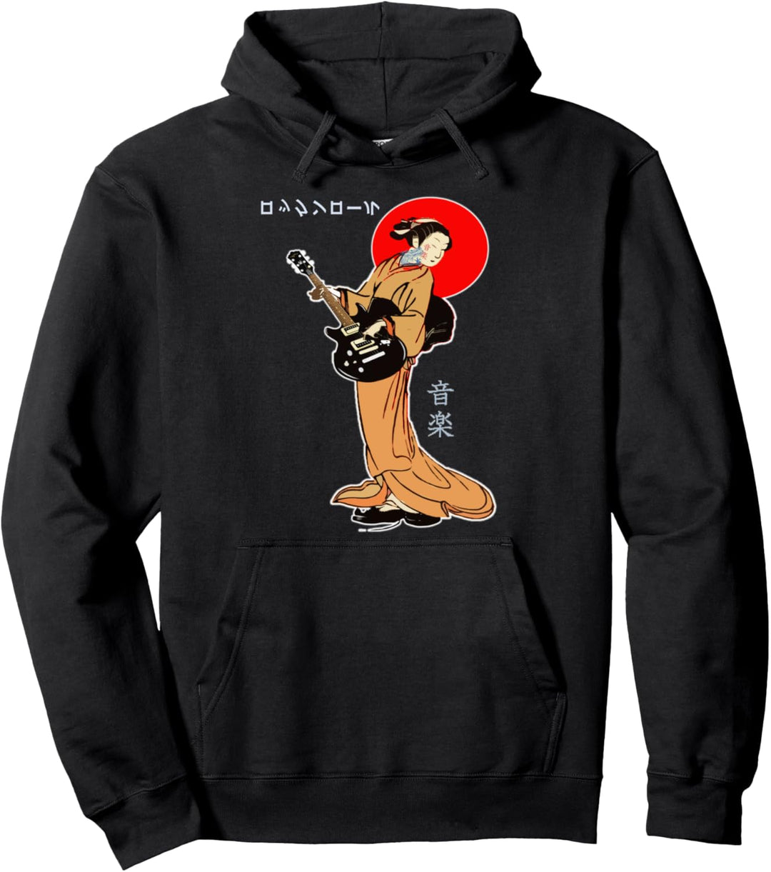 Funny Anime Retro Guitar Japanese Woman Pullover Hoodie