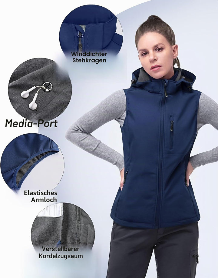 33,000ft Damen Softshell Westen mit Abnehmbare Kapuze Fleece Gefütterte Ärmellose Jacke Wasserdichte