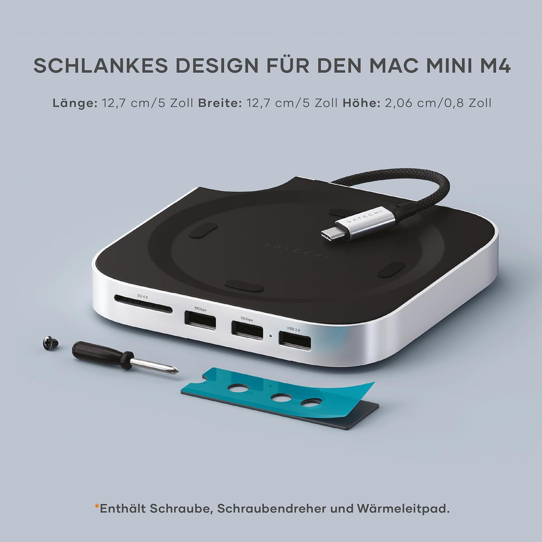 SATECHI Mac mini M4 Hub & Stand mit NVMe SSD Gehäuse, Aluminium Dock mit 2X USB-A bis 10 Gbit/s, 1x