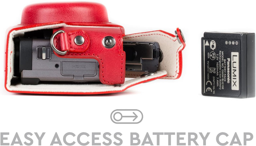 MegaGear MG1262 Panasonic Lumix DC-TZ95, DC-TZ90 Ever Ready Leder Kamera-Case mit Trageriemen - Rot,