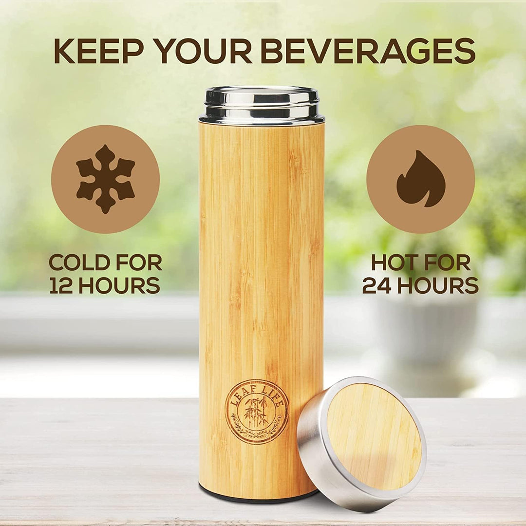 LeafLife Teeflasche mit Sieb to Go - 500ml Tea infuser aus Bambus - Teeflasche to go für Teeblätter