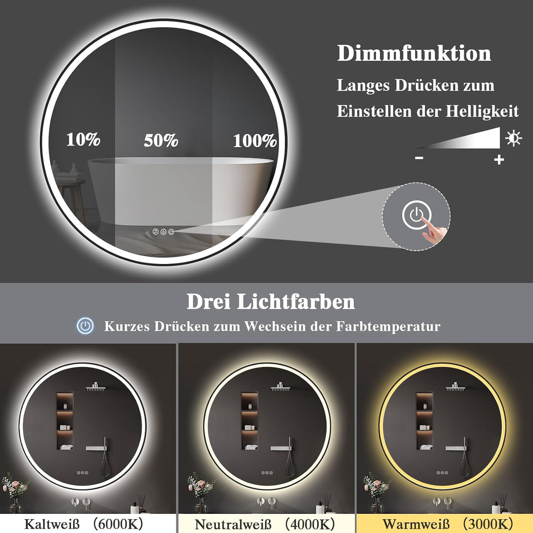 Spiegel Rund mit Beleuchtung 80cm: Badezimmerspiegel Bluetooth Badspiegel-mit- Beleuchtung, Beschlag