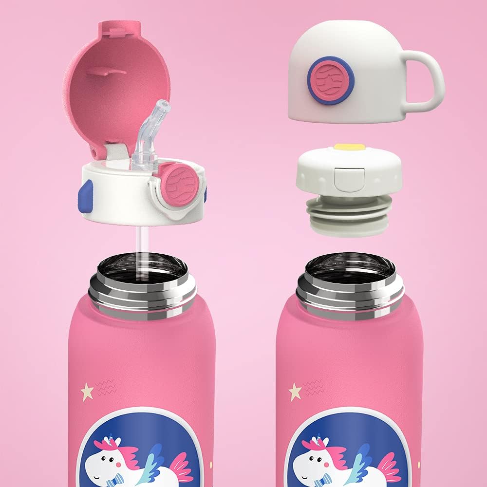 Fjbottle 600ml Trinkflasche Kinder Edelstahlflasche mit Strohhalm + 2 Deckeln, BPA-frei Auslaufsiche