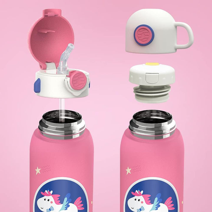 Fjbottle 600ml Trinkflasche Kinder Edelstahlflasche mit Strohhalm + 2 Deckeln, BPA-frei Auslaufsiche