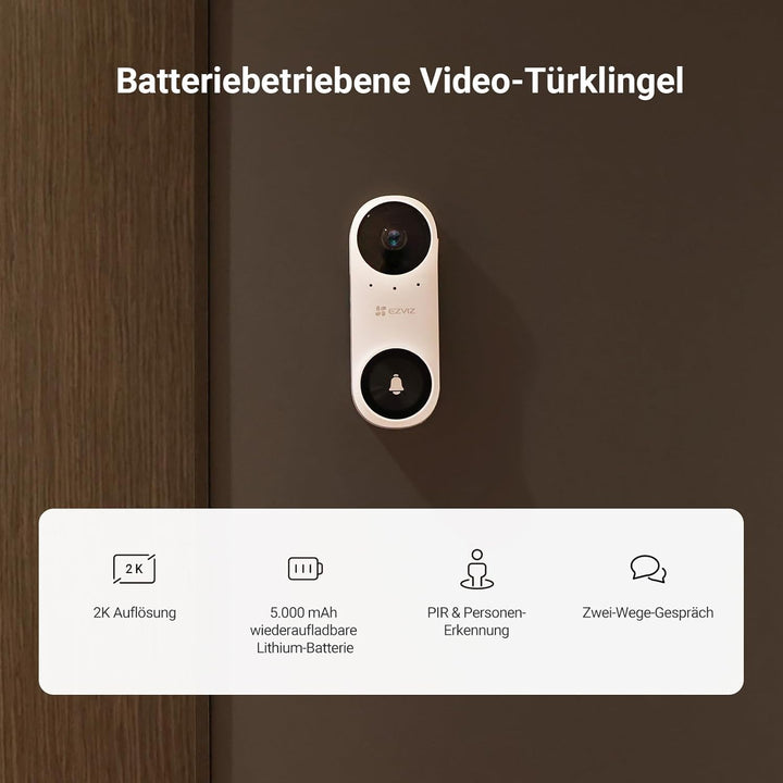 EZVIZ 2K Video Türklingel und Chime, Akku Doorbell Kit mit KI Personenerkennung, Zwei-Wege-Audio und