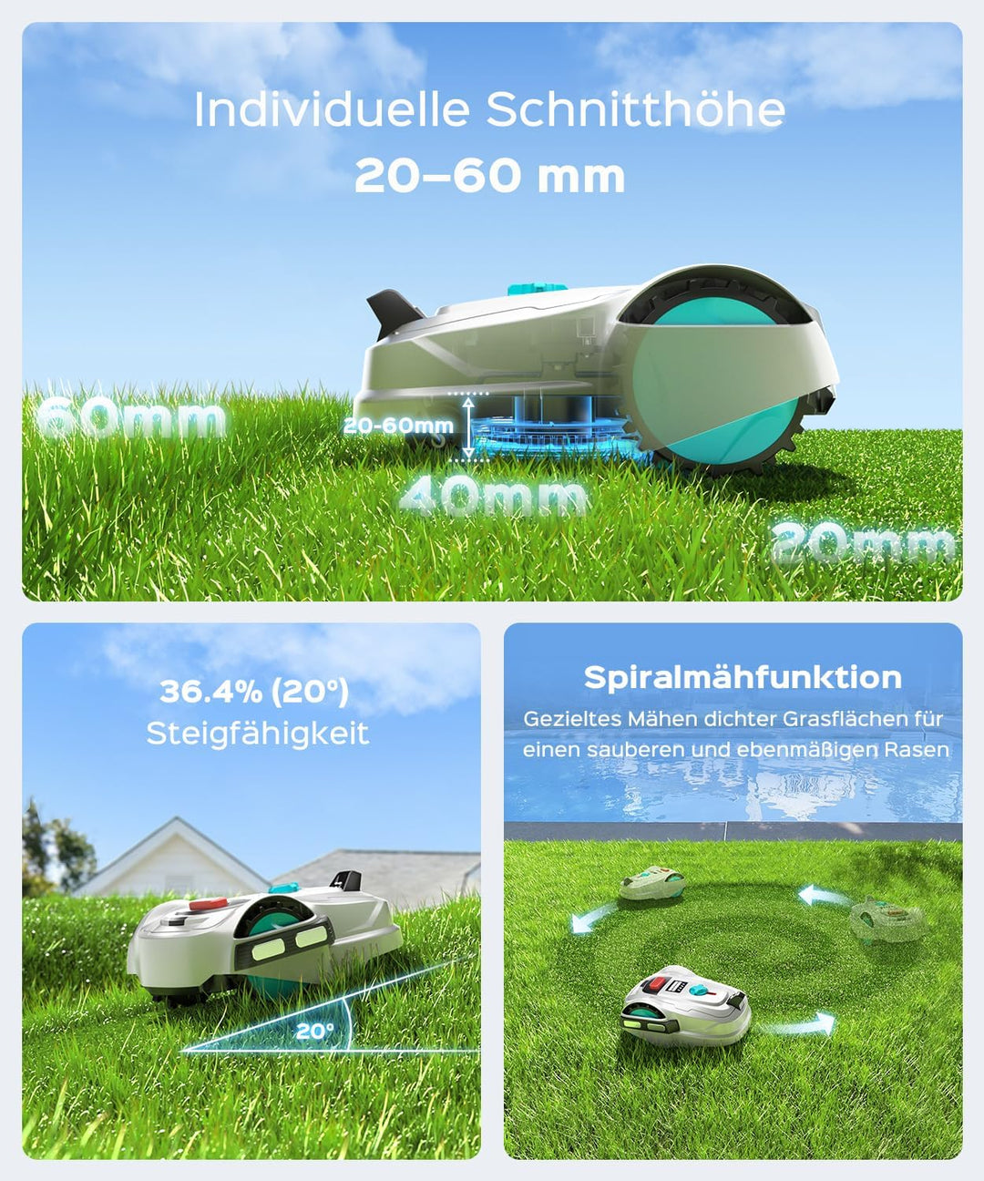 YARDCARE M800Plus Mähroboter ohne Begrenzungskabel,Max. 800 m²,GPS Positionierung+KI Vision,U-förmig