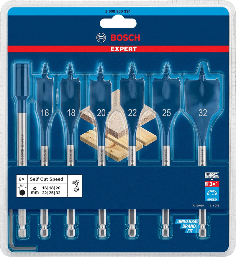 Bosch Accessories 7x Expert SelfCut Speed Flachfräsbohrer Set (für Weichholz, Grobspanplatte, Ø 16-3