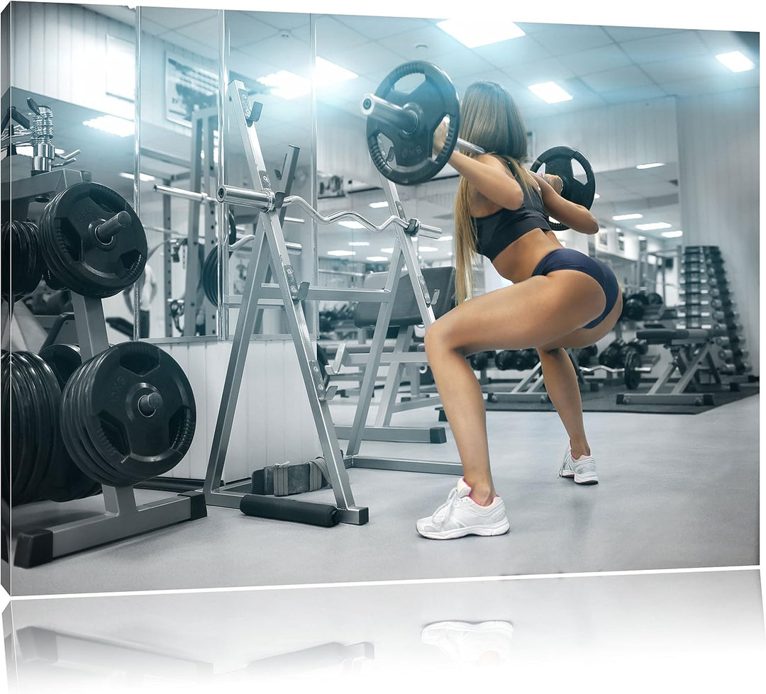 Pixxprint Sportliche Frau mit Hantelstange als Leinwandbild/Grösse: 100x70 / Wandbild/Kunstdruck/fer