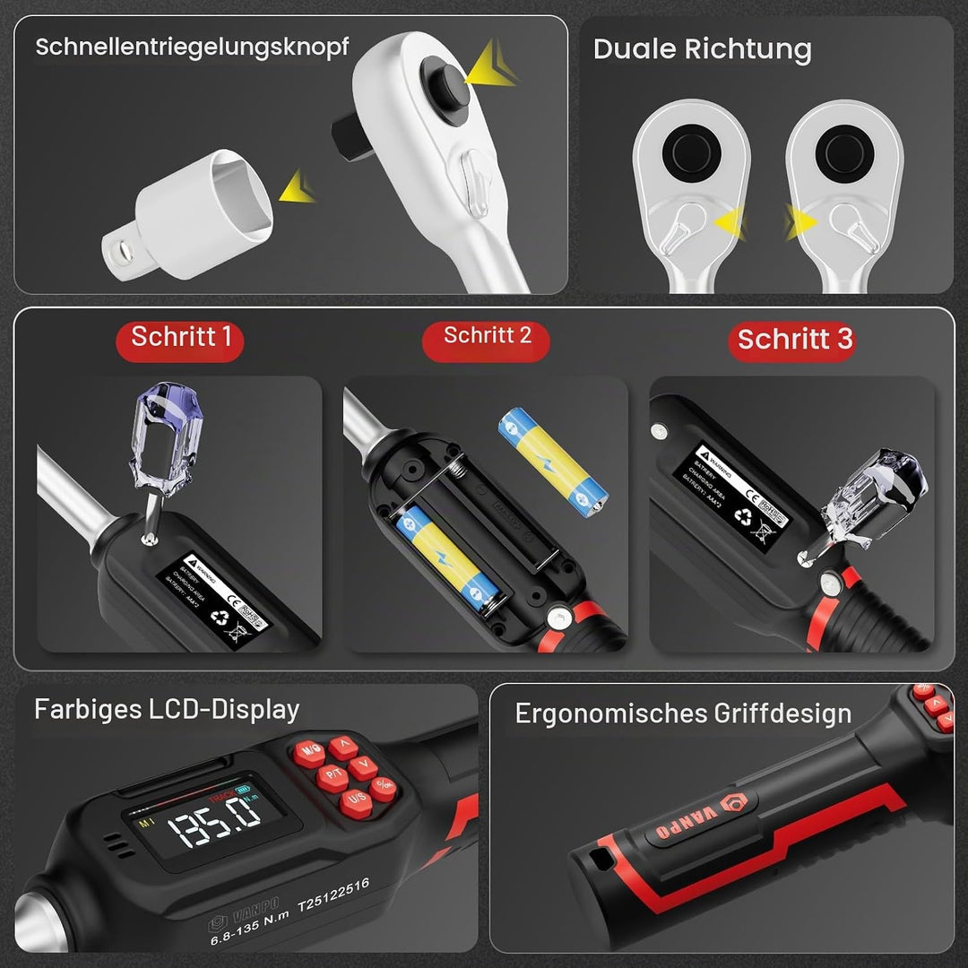 VANPO Digitaler Drehmomentschlüssel 3/8 Zoll(2–135 Nm) für Fahrrad &amp; Motorrad, ±2% Genauigkeit Elekt