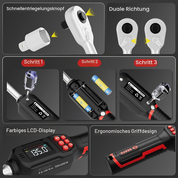 VANPO Digitaler Drehmomentschlüssel 3/8 Zoll(2–135 Nm) für Fahrrad &amp; Motorrad, ±2% Genauigkeit Elekt
