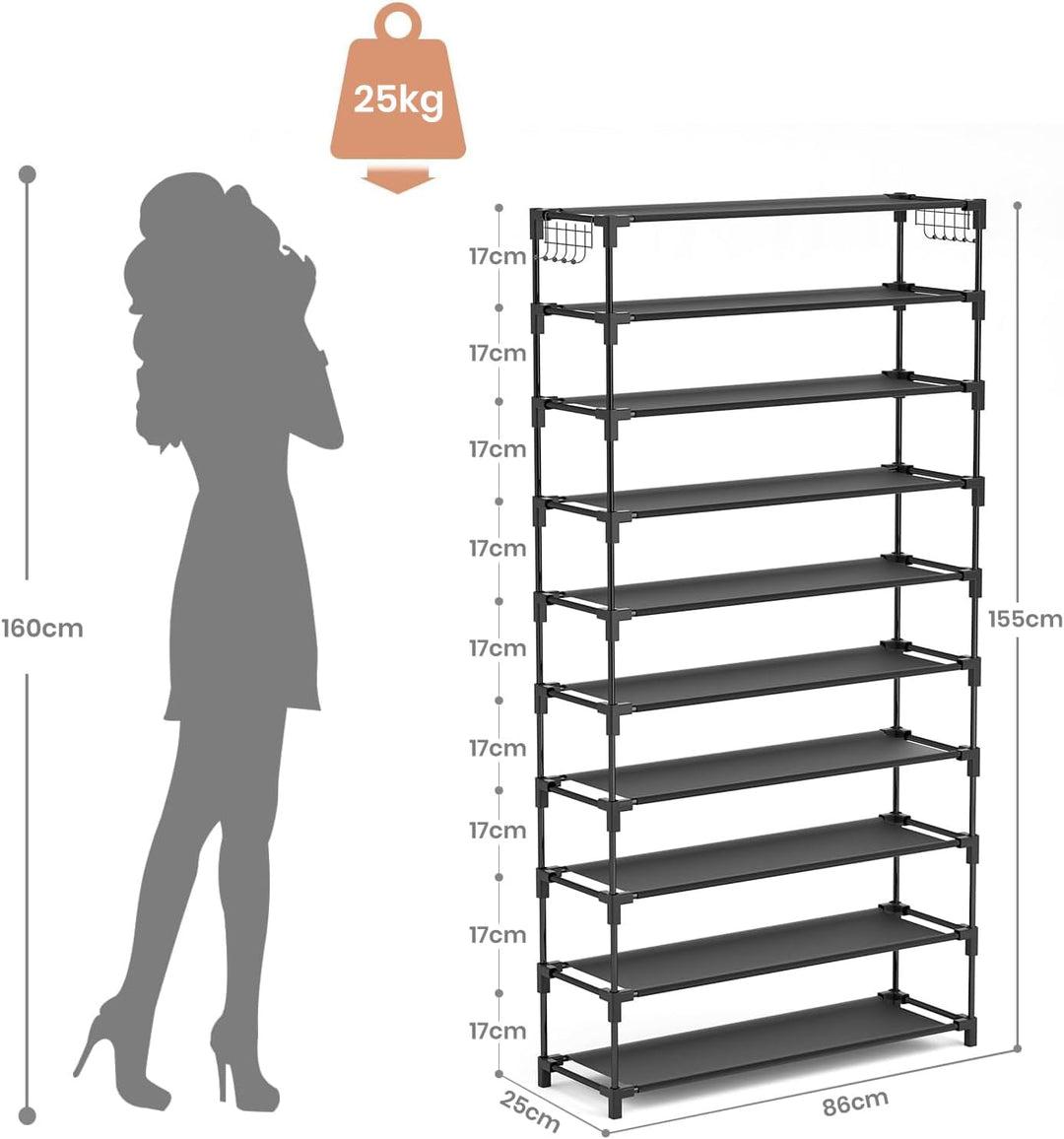 Vicye Schuhregal 10 Ebenen, Schuhschrank Metall für 50 Paar Schuhe, Schuhorganizer 155cm Hoch, Schuh