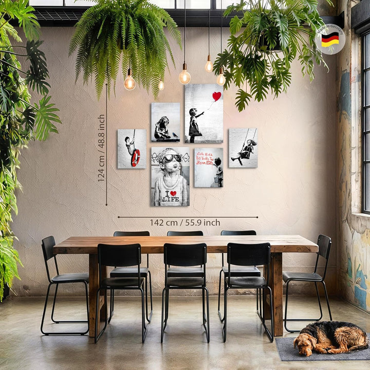 Novart Wandbilder Banksy Collage - KOMPLETT AUFHÄNGFERTIG - Street Art Wohnzimmer Büro - 6 Moderne M