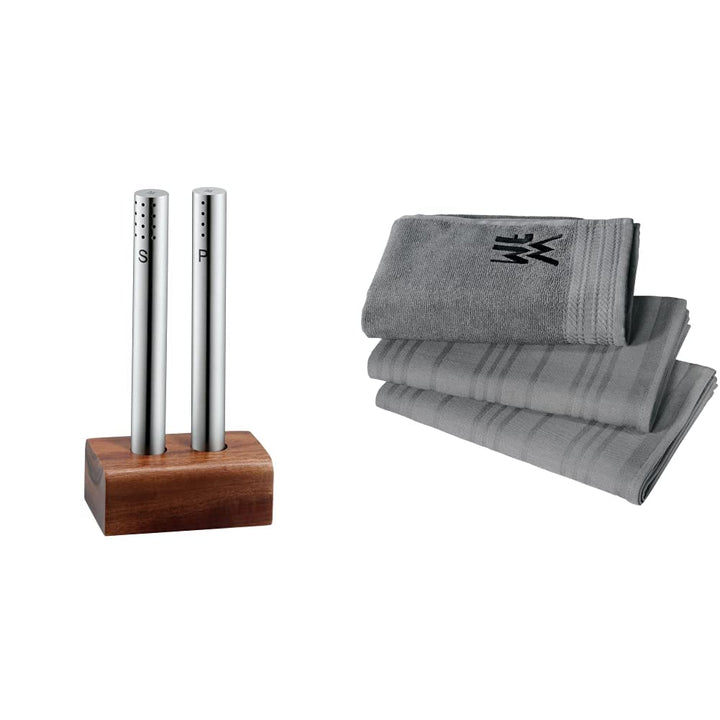 WMF Salz- und Pfefferstreuer Set 3-teilig, Salzsteuer klein, Pfefferstreuer &amp; Küchenhandtuch-Set 3-t