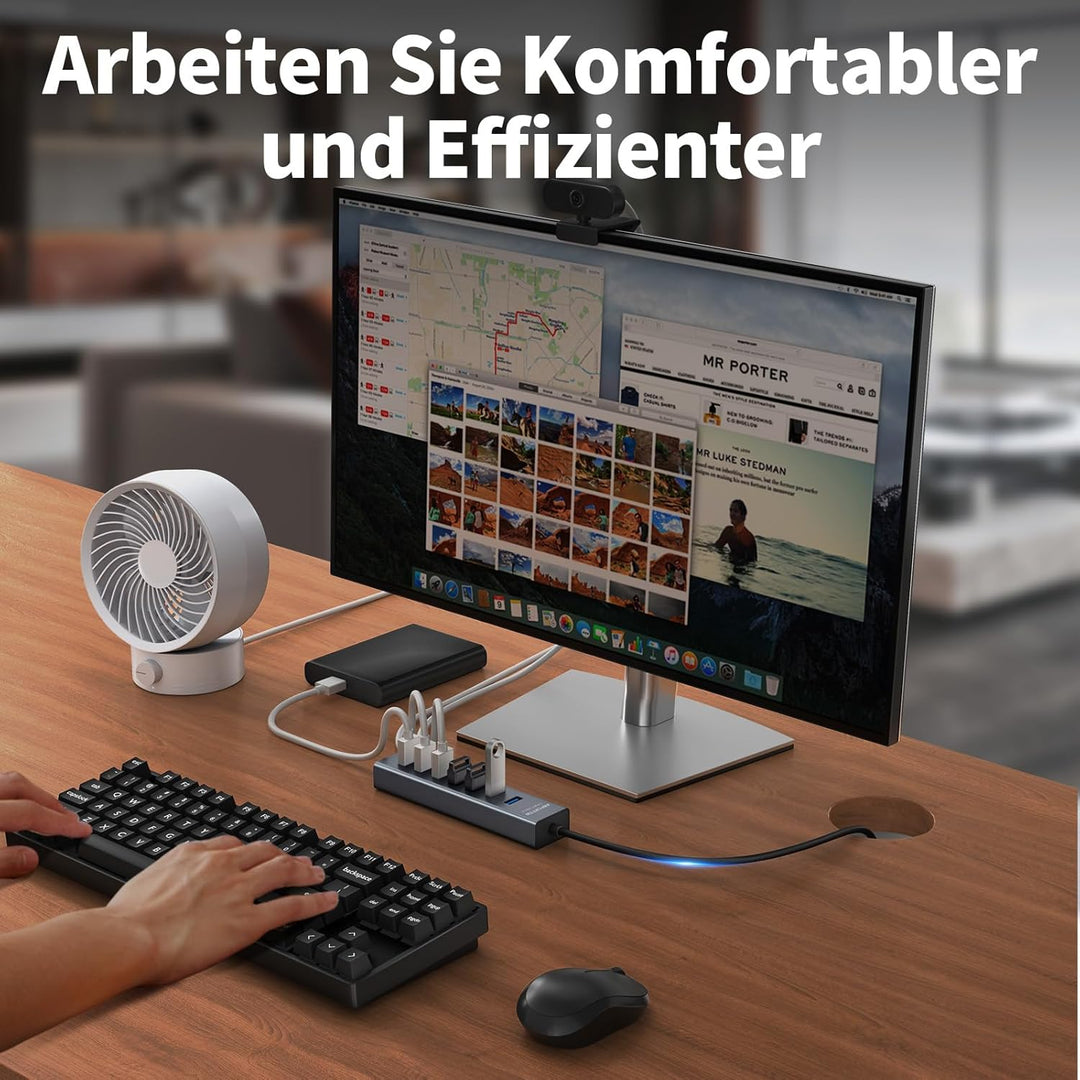 7-Port USB Hub 3.0 mit 120cm Kabel für Desktop, Aluminium USB Verteiler 5Gbps Multiport Adapter Spli
