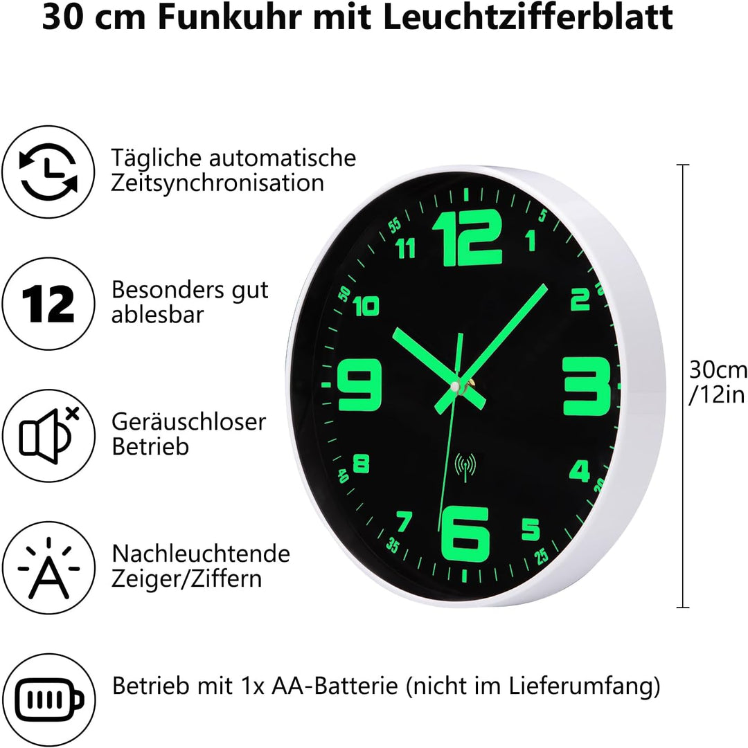 Funkuhr Wand Wanduhr Funk lautlos Leuchtend im Dunkeln Funkwanduhr Wanduhr Ohne Tickgeräusche Geräus