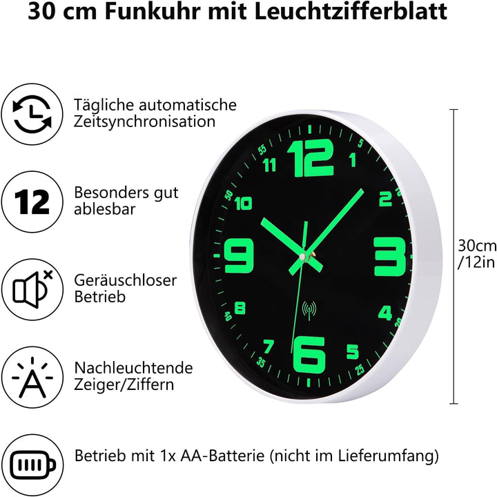 Funkuhr Wand Wanduhr Funk lautlos Leuchtend im Dunkeln Funkwanduhr Wanduhr Ohne Tickgeräusche Geräus