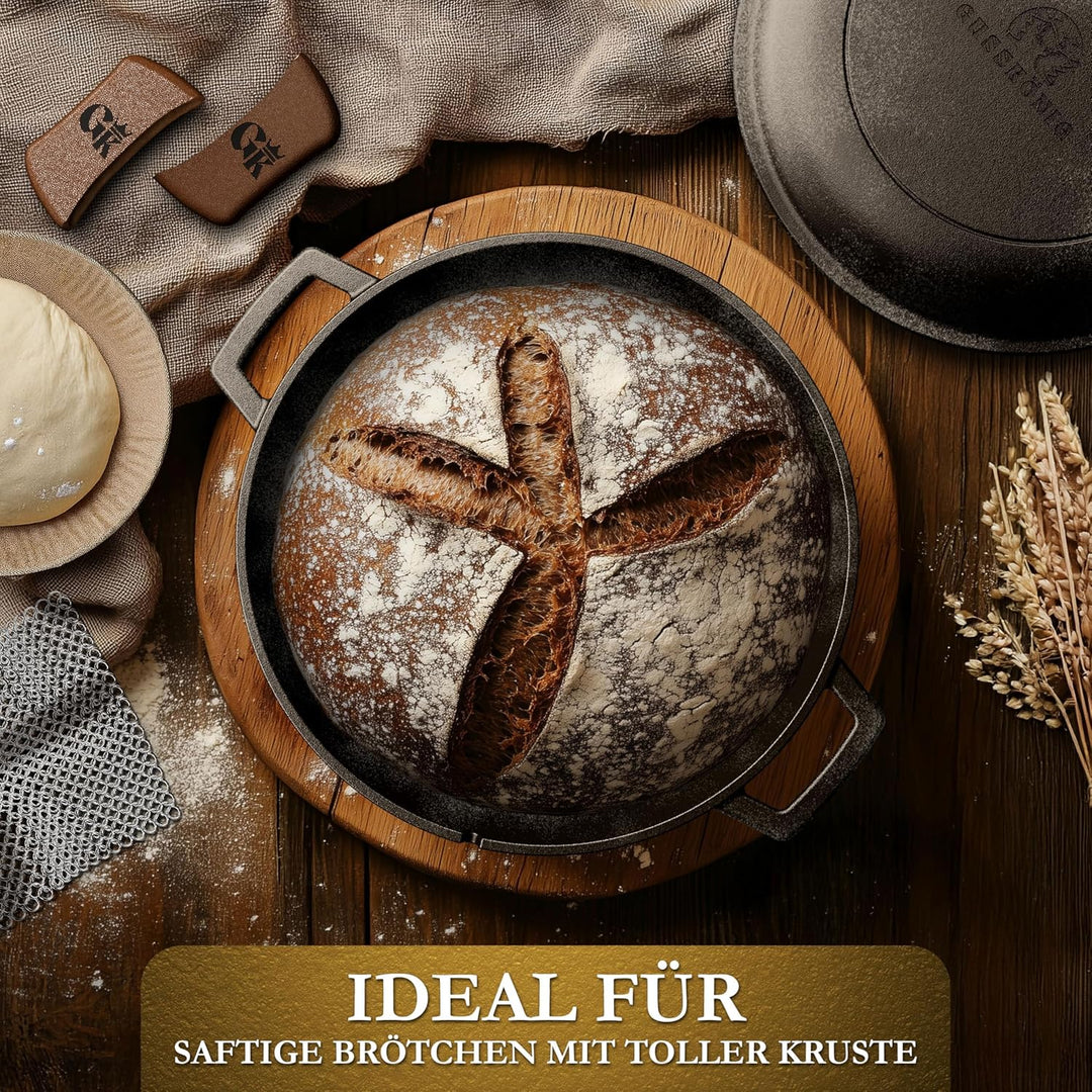 2in1 Gusseisen Brotbackform mit Gärkörbchen–Eingebrannter Gusseisen Topf Brot Backen 4,8L & Grillpfa