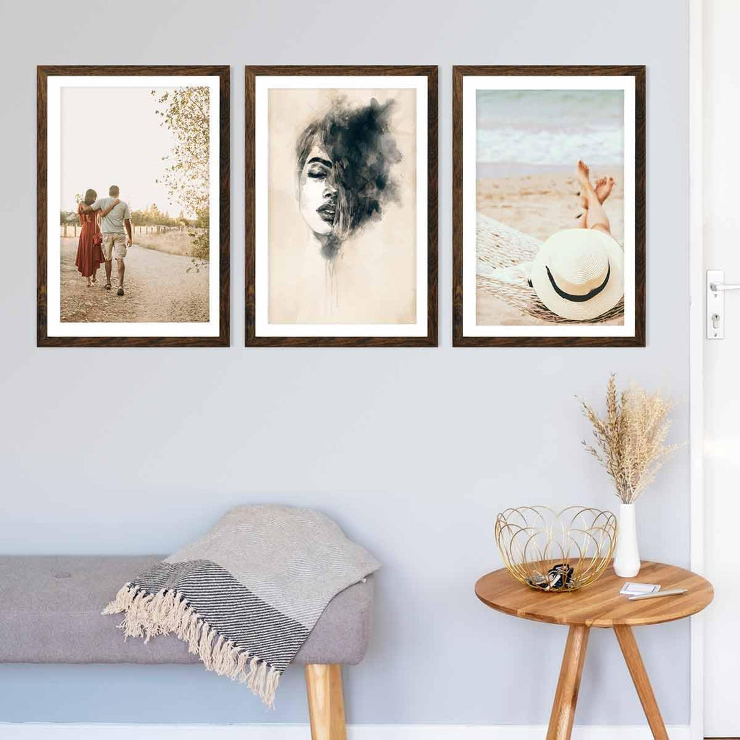 PHOTOLINI Bilderrahmen 40x60 Eiche dunkel Holz MDF, 3er Set breite 40x60 cm Bilderrahmen mit bruchsi