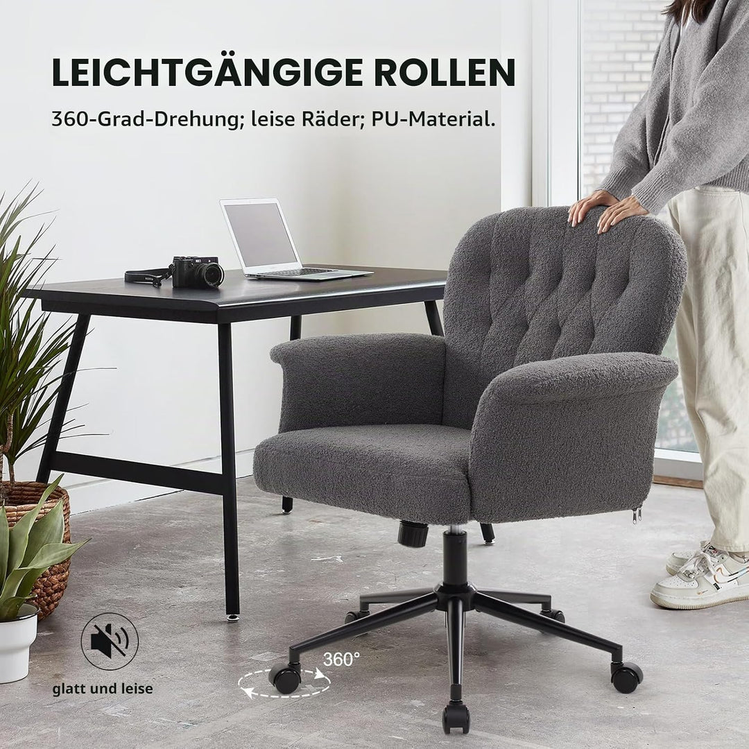IWMH Schreibtischstuhl, Teddyfell Drehstuhl mit Rollen und Armlehnen, Moderner Höhenverstellbar Home