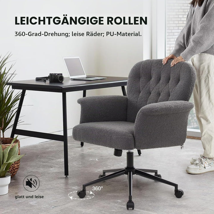 IWMH Schreibtischstuhl, Teddyfell Drehstuhl mit Rollen und Armlehnen, Moderner Höhenverstellbar Home