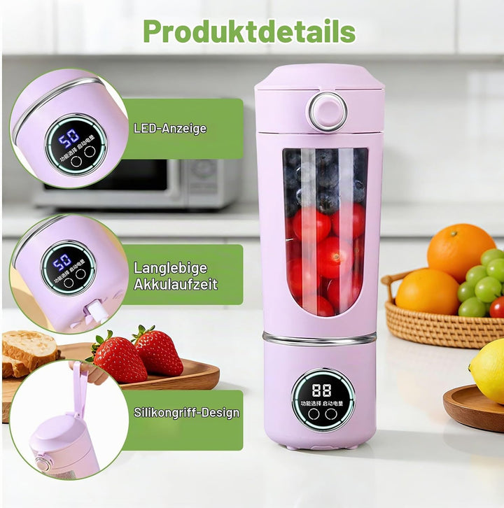 Tragbarer Mixer Smoothie Maker, 700 ml Kleiner Entsafter, Typ-C Wiederaufladbar, mit 12 Rostfreien K