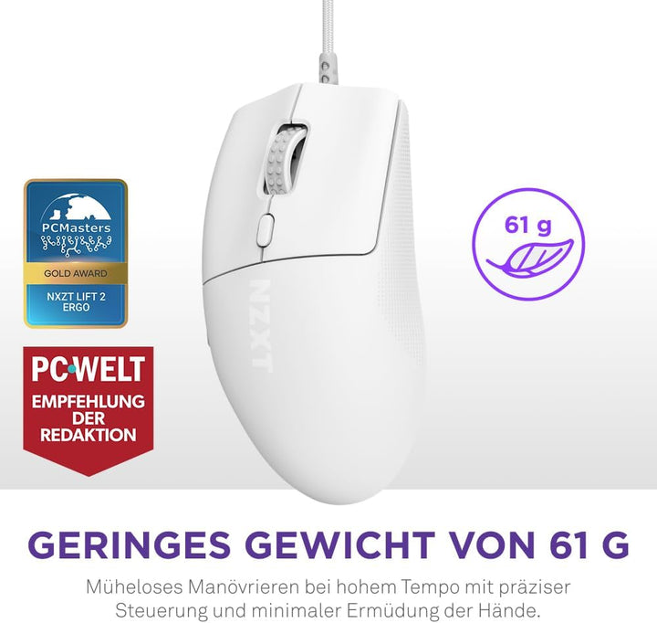 NZXT Lift 2 Ergo | Leichte ergonomische kabelgebundene Gaming-Maus | Leichte 61-g-Konstruktion | 8K-