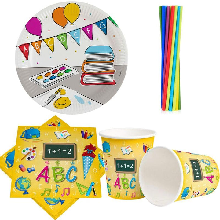 Einschulung Party Geschirr Einweggeschirr Schulanfang Partyset Dekoration Schule bunt Teller Becher