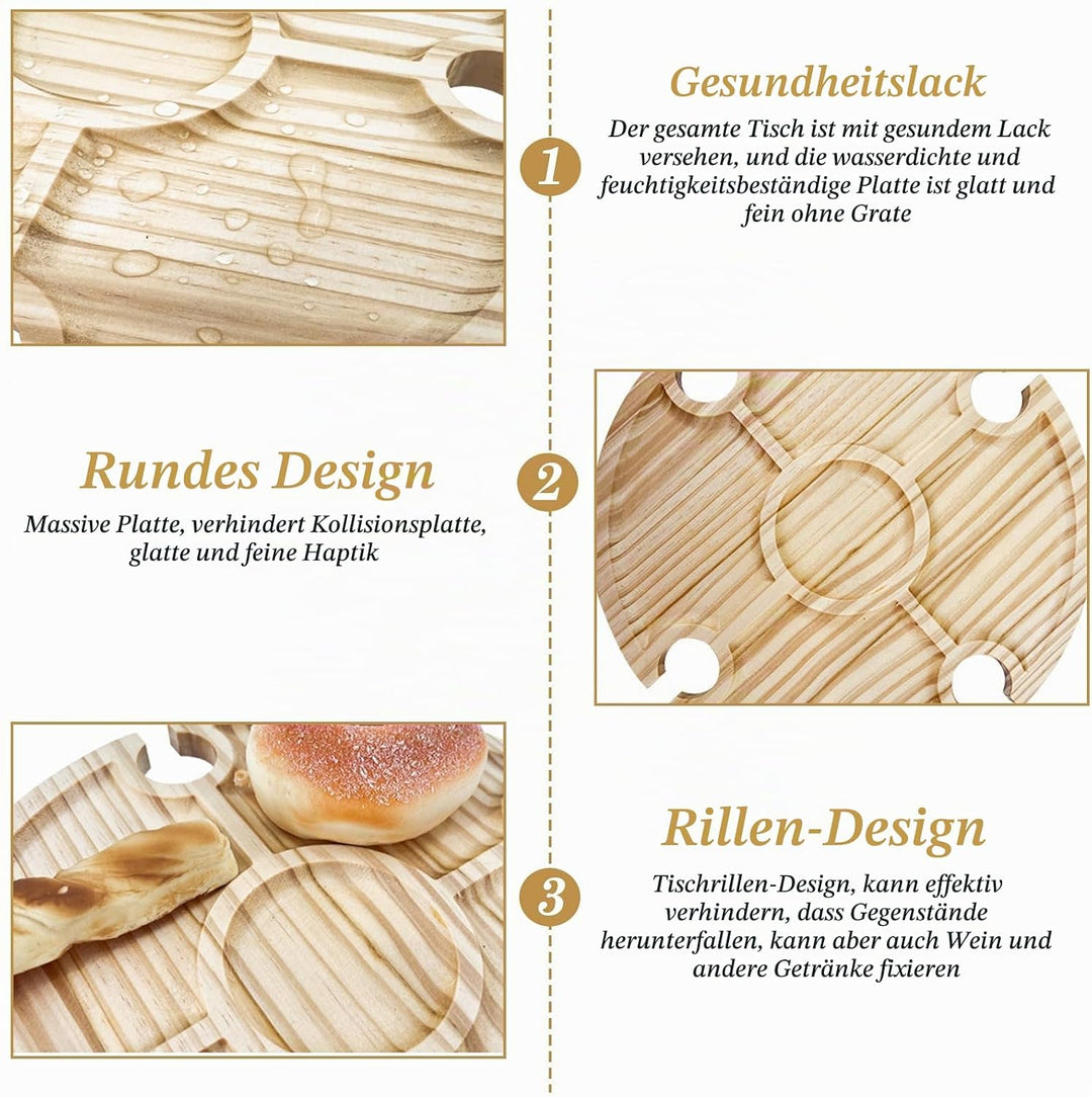 Faltbarer Picknicktisch aus Holz: Tragbarer Picknick Weintisch mit Rotweinglashalter, Rund Holz Gart