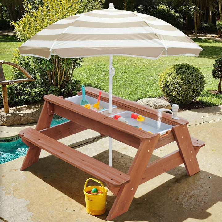 Kids 3-in-1 Sand- und Wasser-Aktivitätstisch, Holz, Outdoor, wandelbarer Picknicktisch mit Regenschi