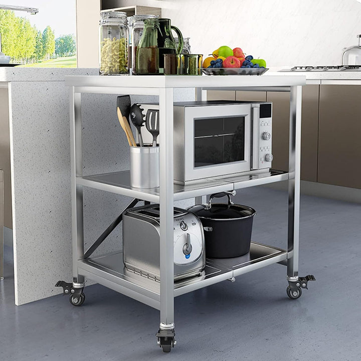 AMSXNOO Arbeitstisch Edelstahl, 3 Ebenen Faltbar Servierwagen Edelstahl Rollwagen Küchentisch mit 4
