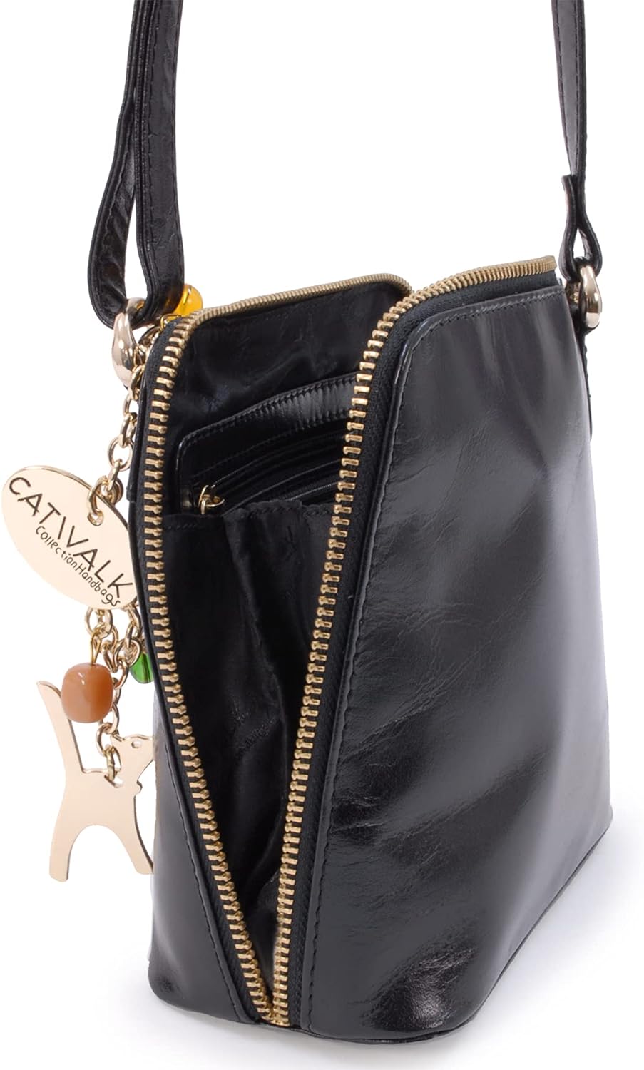 Catwalk Collection Handbags - Leder - Klien Umhängetasche/Schultertasche - LENA S Schwarz Gold, S Sc