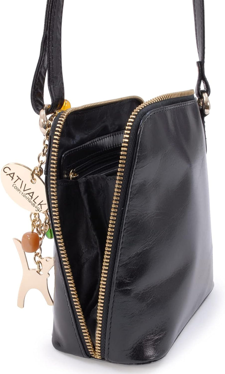 Catwalk Collection Handbags - Leder - Klien Umhängetasche/Schultertasche - LENA S Schwarz Gold, S Sc