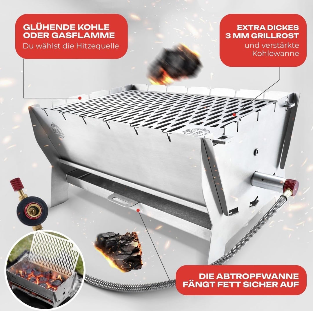 Little Bro Mobiler Steckgrill 2-in-1 Edelstahl Grill für Gas &amp; Kohle - Inkl. Tasche (Grillmatte) &amp; S