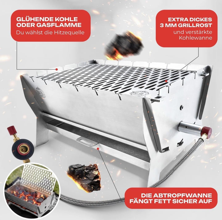 Little Bro Mobiler Steckgrill 2-in-1 Edelstahl Grill für Gas &amp; Kohle - Inkl. Tasche (Grillmatte) &amp; S