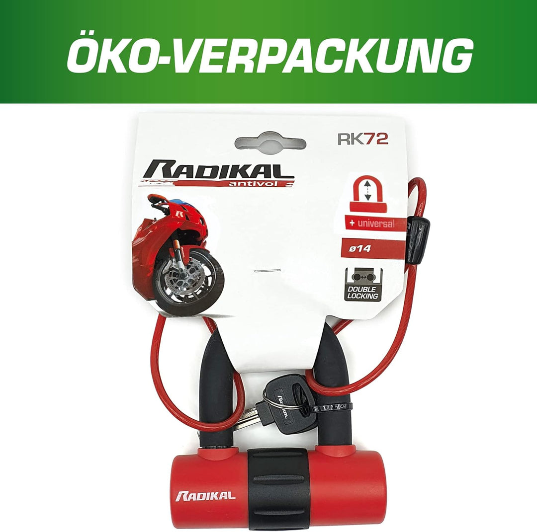 RADIKAL RK72 Motorrad Mini Bügelschloss 14mm Doppelfunktion, Bremsscheibenschloss oder Vorhängeschlo