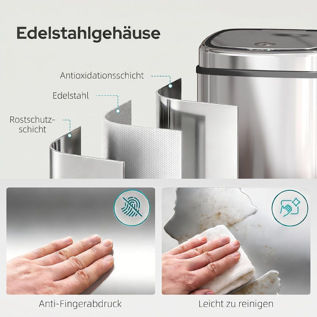 HOMCOM Mülleimer Automatik mit Sensor Abfalleimer Küche Edelstahl Silber (68L), 68L