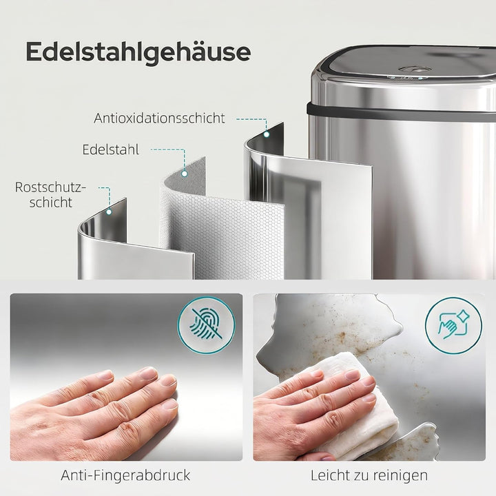 HOMCOM Mülleimer Automatik mit Sensor Abfalleimer Küche Edelstahl Silber (68L), 68L