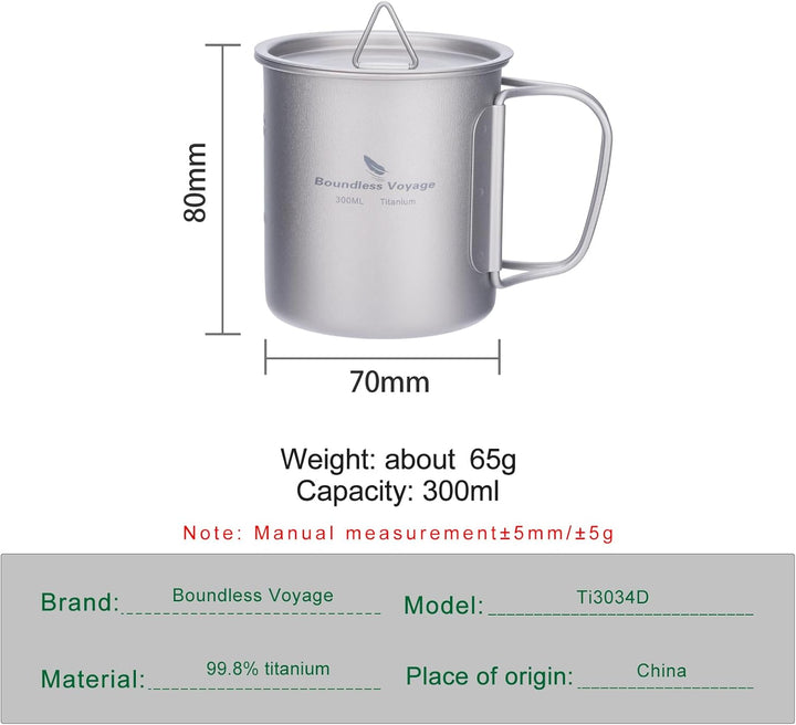 iBasingo 300ml Titan Becher Camping Tasse Outdoor Tee Kaffee Reisebecher mit Deckel & Klappgriff Lei