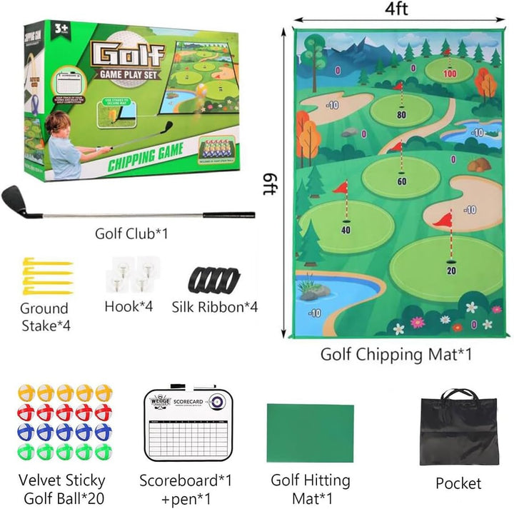 Golf Teing Game with 2 Clubs, 70 x 70 Inch Practice Mat Indoor Outdoor for Children Adults Family, w