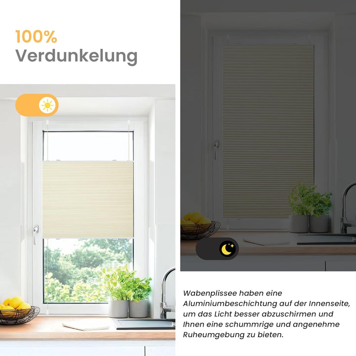 BelleMax Wabenplissee ohne Bohren verdunkelung Thermo plissee klemmfix, Beige-weiss 85x120cm 100% Bl