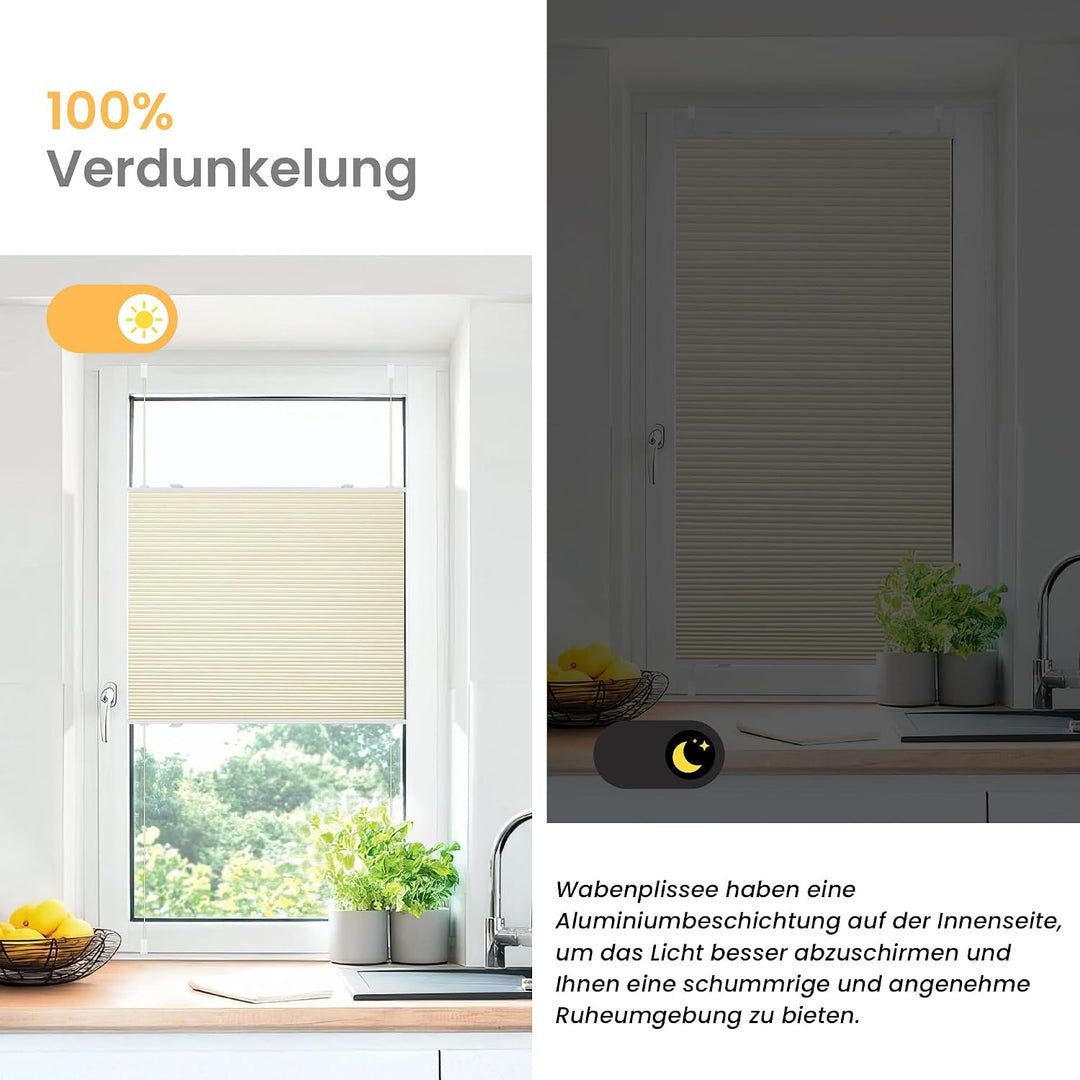 BelleMax Wabenplissee ohne Bohren Verdunkelung Thermo Plissee Klemmfix, Beige-weiss 75x130 cm (BxH),