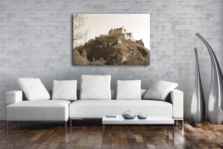 deyoli Burg in Edinburgh Schottland Format: 100x70 Effekt: Sepia als Leinwandbild, Motiv fertig gera