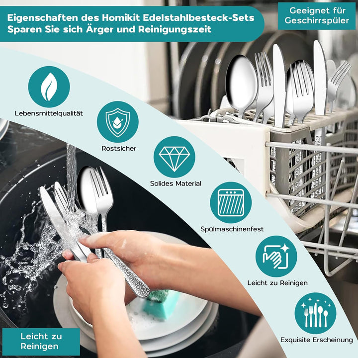 Homikit Besteck Set, 60-teilig Besteckset für 12 Personen, Edelstahl Gehämmertes Tafelbesteck, Essbe