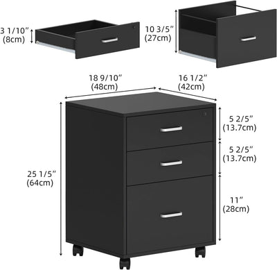 SogesHome Aktenschrank mit 3 Schubladen, Aktenschrank auf Rollen, mobiler Rollcontainer, Büroschrank